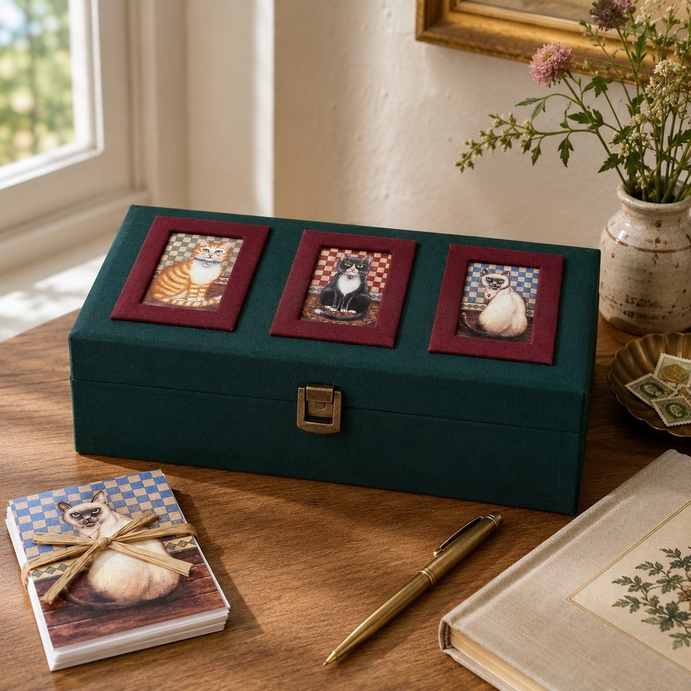 Vintage Cat Stationery Box Letter Writing Set Desk‎ Organizer Correspondence Box